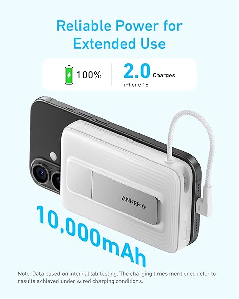 Anker Zolo Magnetic Power Bank)10K,30W,Built-in USB-C Cable)- White