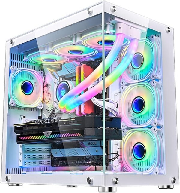 PC Gaming Case YSOAE ATX , 270° Full View Seamless Tempered Glass Front & Side Panels, 360mm Radiator Support, High-Airflow Dual- Chamber Computer Tower Case - Without Fans (White)